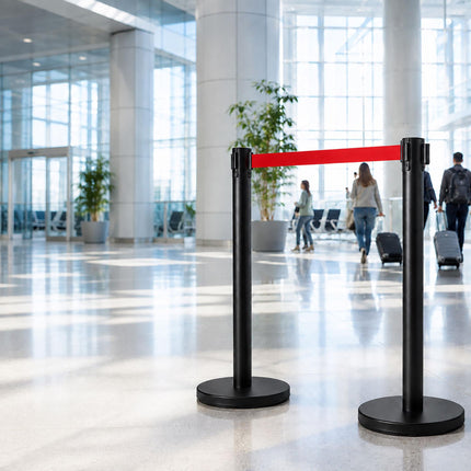 Queue Barrier Posts Set of 2 with 3 m Retractable Belt, Black, Red