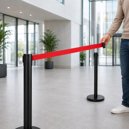 Queue Barrier Posts Set of 2 with 3 m Retractable Belt, Black, Red