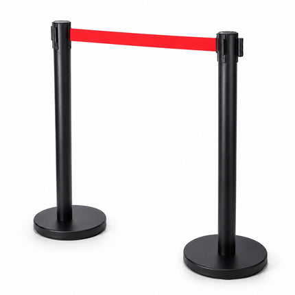Queue Barrier Posts Set of 2 with 3 m Retractable Belt, Black, Red