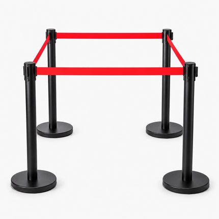 Queue Barrier Posts Set of 4 with 3 m Retractable Belt, Black, Red