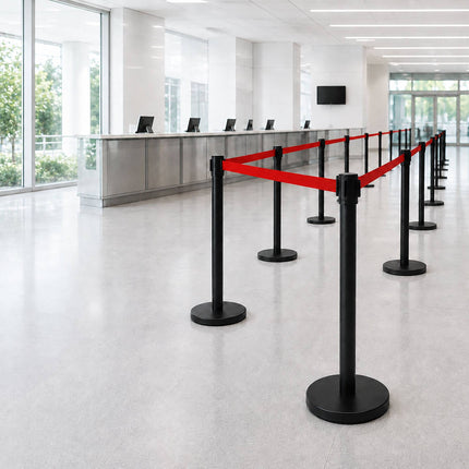 Queue Barrier Posts Set of 4 with 3 m Retractable Belt, Black, Red