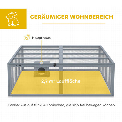 Hasenstall mit großem Freilauf, modulares Design, graues Holz