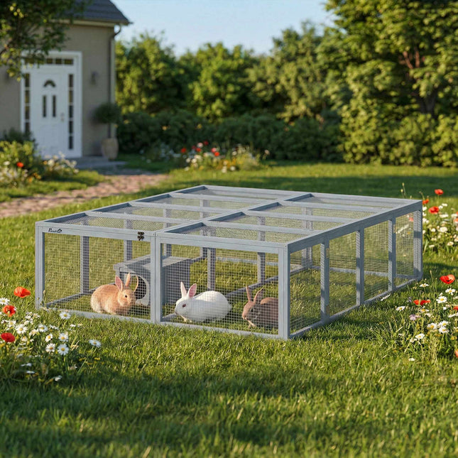 Rabbit Hutch with Large Run, Modular Design, Grey Wood