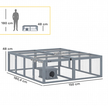 Hasenstall mit großem Freilauf, modulares Design, graues Holz