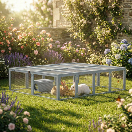 Hasenstall mit großem Freilauf, modulares Design, graues Holz