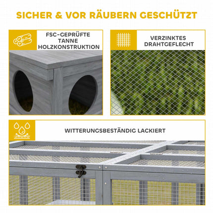 Hasenstall mit großem Freilauf, modulares Design, graues Holz