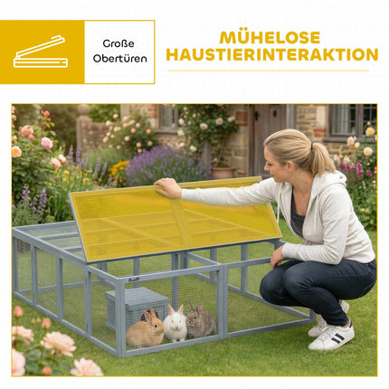Hasenstall mit großem Freilauf, modulares Design, graues Holz