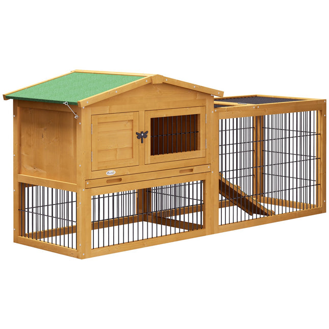Outdoor 2-level spruce rabbit hutch with ramp
