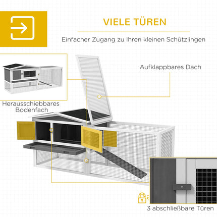 Kaninchenstall mit Freilaufgehege und Sichtfenster, 2 Etagen, Holz