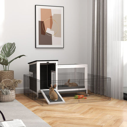 Wooden rabbit cage with wheels and outdoor run, winterproof