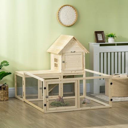 Clapier en bois pour petits animaux, enclos d'extérieur, baignoire extensible, rampe, cochon d'Inde, naturel, 151,5 x 106 x 97 cm