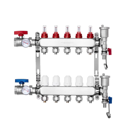 Radiant Heat PEX Manifold, 5-Loop, Stainless Steel, 1/2 in Adapters