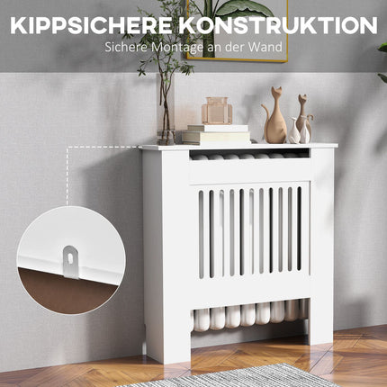 Weiße Heizkörperverkleidung mit horizontalen Lamellen, 78x19x81cm
