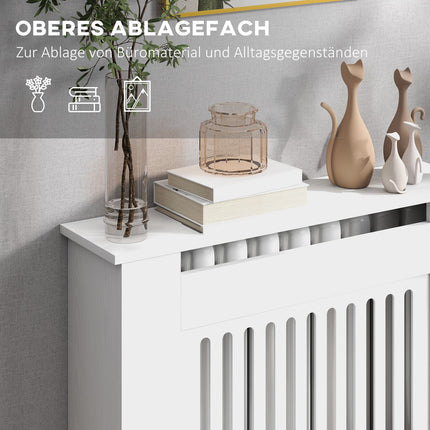 Weiße Heizkörperverkleidung mit horizontalen Lamellen, 78x19x81cm