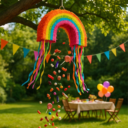 Rainbow Piñata Set with Bat and Mask for Parties