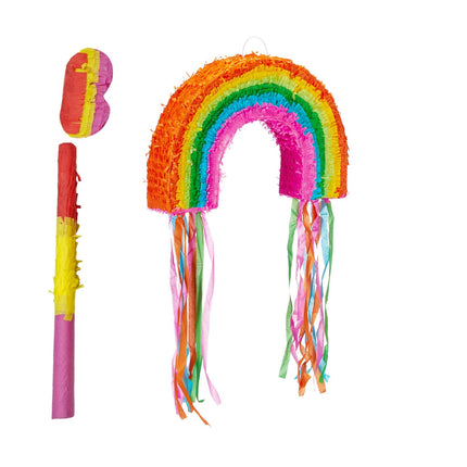 Rainbow Piñata Set with Bat and Mask for Parties