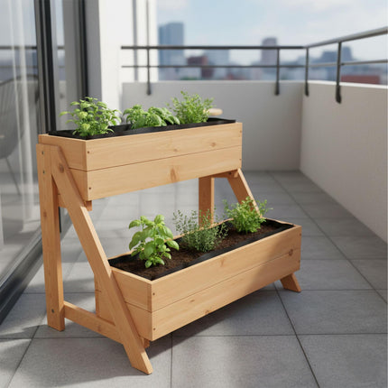 Raised Bed, 2-Tier Fir Wood Balcony Planter With Liners