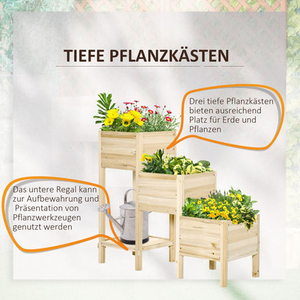 3-stöckiges Hochbeet aus Holz für Garten und Balkon, 125x45x108cm