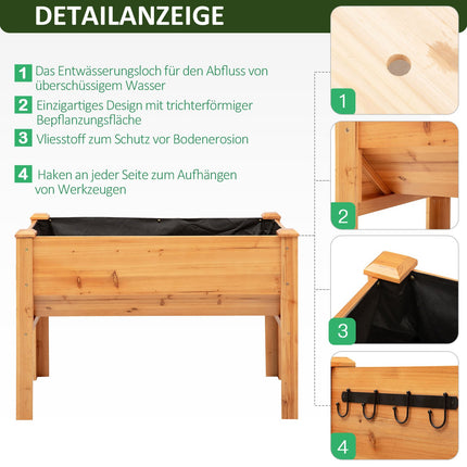 Erhöhtes Holzbeet für Kräuter und Blumen, mit Drainage und Haken