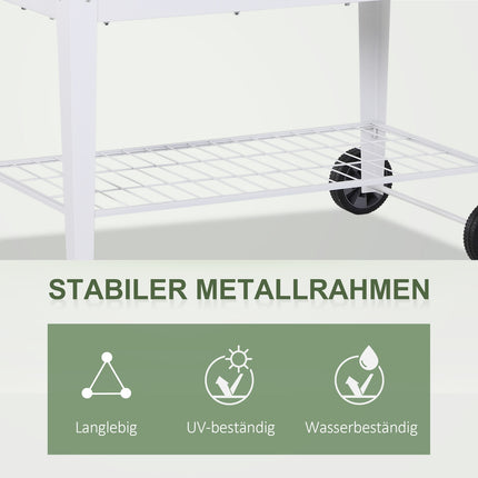 Mobiles weißes Hochbeet aus Metall mit Stauraum, 2 Rädern