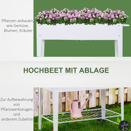 Mobiles weißes Hochbeet aus Metall mit Stauraum, 2 Rädern