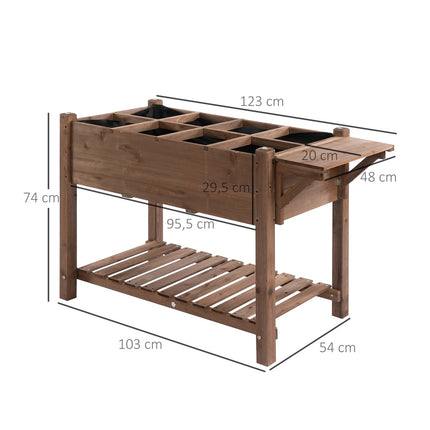 Planter box for raised bed, 8 grids and shelf, solid wood 123x54x74cm