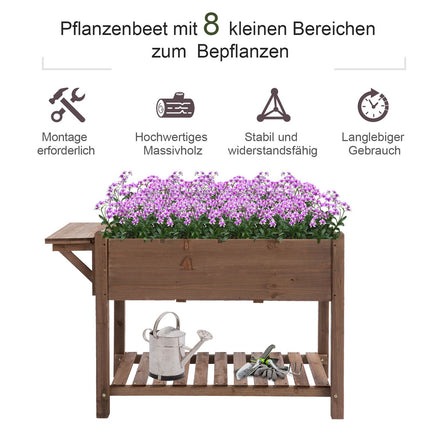 Planter box for raised bed, 8 grids and shelf, solid wood 123x54x74cm