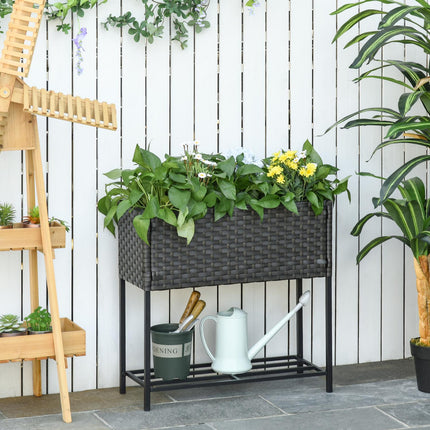 Braunes Hochbeet aus Rattan mit Ablage, 70x30x72 cm