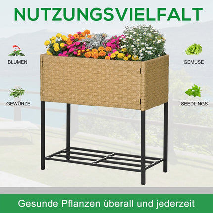 Hochbeet aus Polyrattan mit Ablage, Sand, 70x30x72 cm