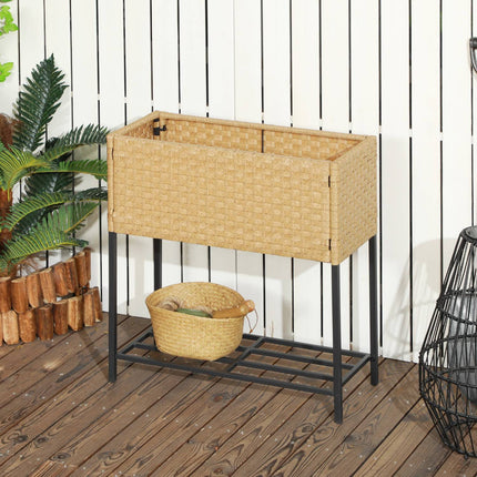 Hochbeet aus Polyrattan mit Ablage, Sand, 70x30x72 cm