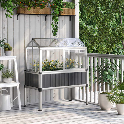 Weatherproof steel raised bed with greenhouse, dark grey