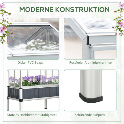 Weatherproof steel raised bed with greenhouse, dark grey