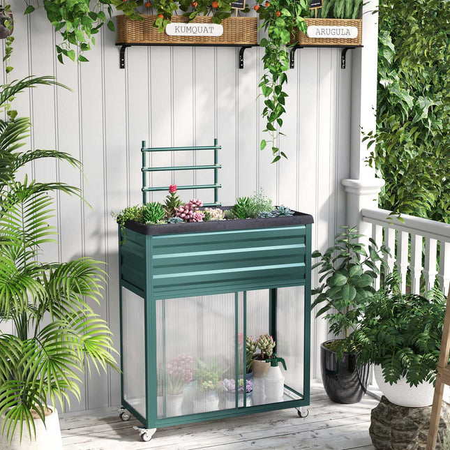Raised bed with trellis, wheels and shelf - galvanized steel, 85x40x135cm