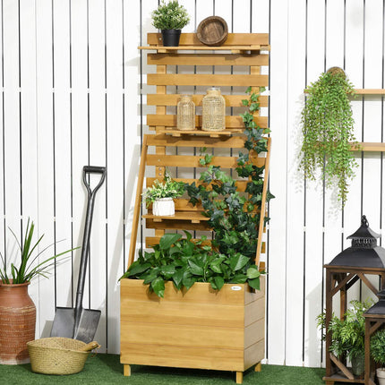 Erhöhtes Holzpflanzbeet mit Spalier und 3 Ablagen, braun