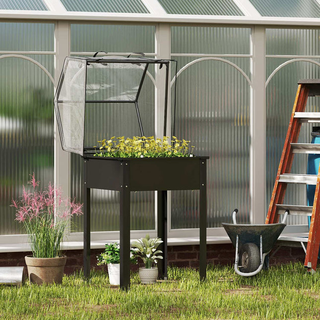 Metall-Hochbeet mit Abdeckung und Drainage, schwarz