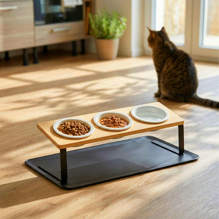Erhöhtes Katzennapf-Set – Bambusständer, Keramiknäpfe, Matte