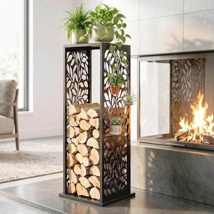 Raised Firewood Rack 38 x 38 x 112 cm with 4 Hooks, Galvanised Steel, Black