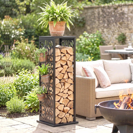Raised Firewood Rack 38 x 38 x 112 cm with 4 Hooks, Galvanised Steel, Black