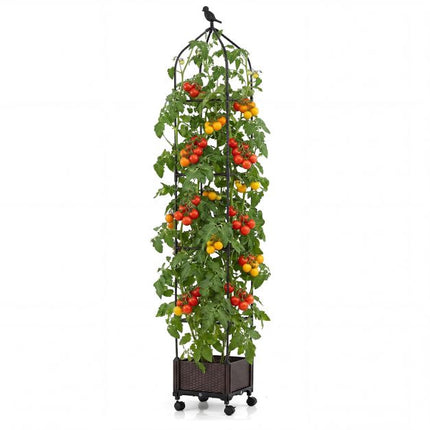 Erhöhtes Gartenbeet mit Obelisken-Rankhilfe, selbstbewässernd