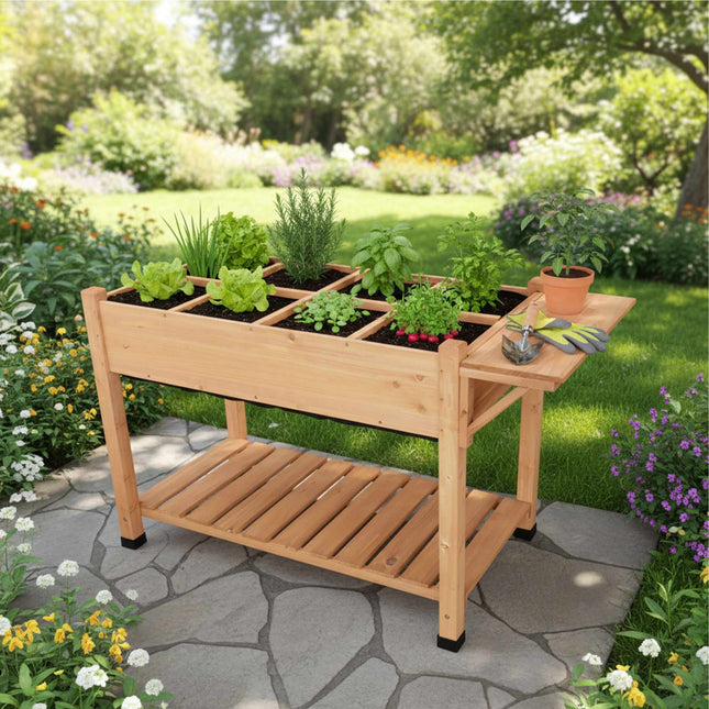 Erhöhtes Gartenbeet mit Ablagen, Tannenholz, 8 Fächer