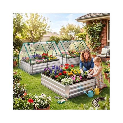 Raised Garden Bed with Greenhouse Cover, 2 Roll-Up Windows, Silver