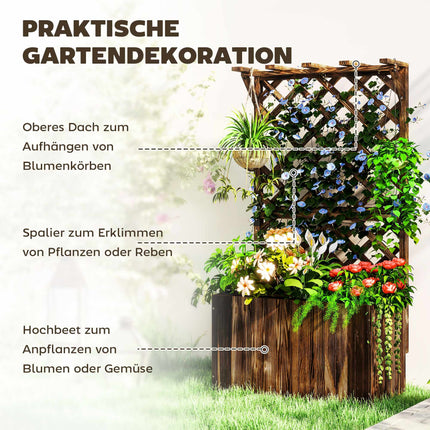 Hochbeet mit Spalier, geflammtes Holz, 64x33x122 cm