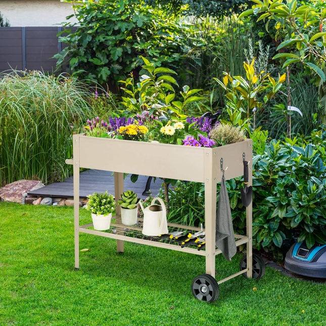 Raised Metal Planter Box with Wheels & Storage, White