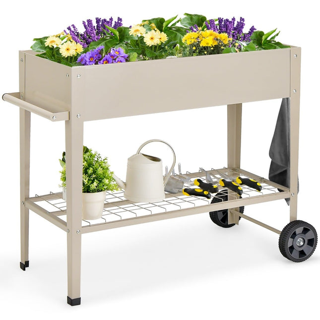 Raised Metal Planter Box with Wheels & Storage, White