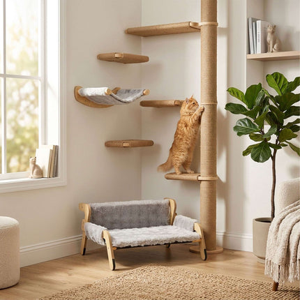 Raised Plush Cat Bed, Grey – Pine Frame, 53x45.5 cm