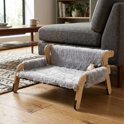 Raised Plush Cat Bed, Grey – Pine Frame, 53x45.5 cm