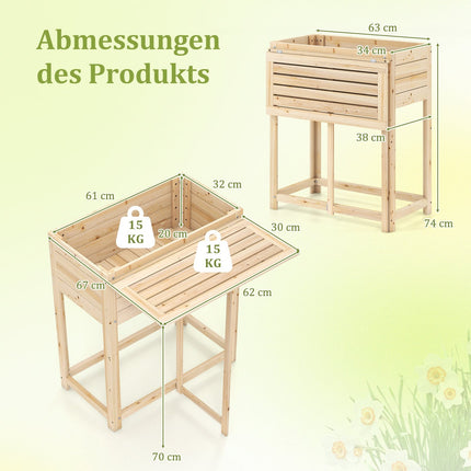 Raised Wooden Planter with Folding Table, Drainage, 63x67x74 cm