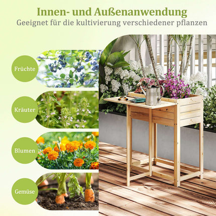 Raised Wooden Planter with Folding Table, Drainage, 63x67x74 cm
