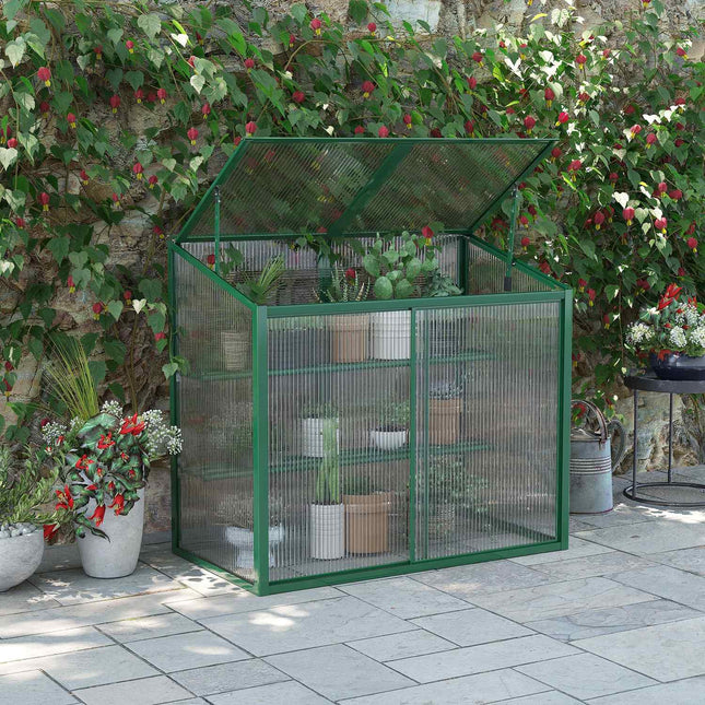 Greenhouse raised bed with shelves - aluminum and polycarbonate