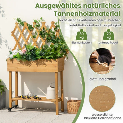 Hochbeet auf Rädern mit Regal &amp; Spalier &amp; Stoffauskleidung Blumenbeet 90 x 29 x 129 cm